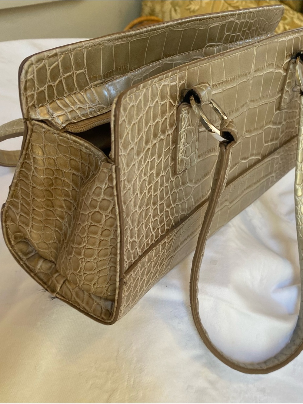 Tommy Hilfiger Croc-Embossed Satchel in Taupe